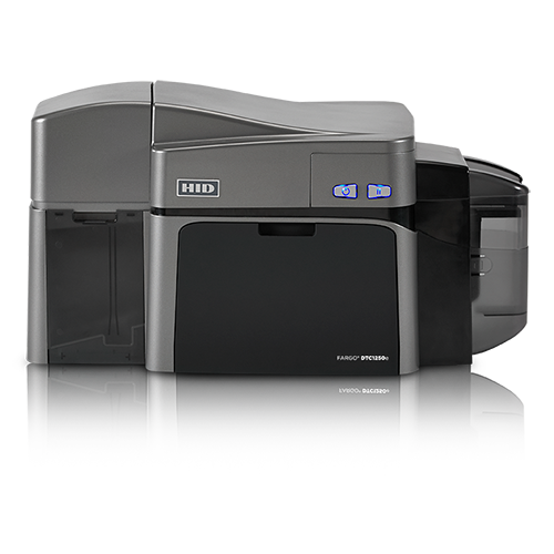 impressora de cartões pvc fargo dtc1250e também vista de frente e com bandeja de saída de cartões